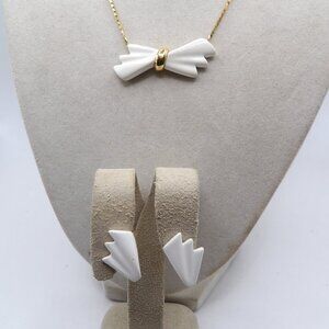Vintage Monet White Enamel Bow Necklace and Earring Set